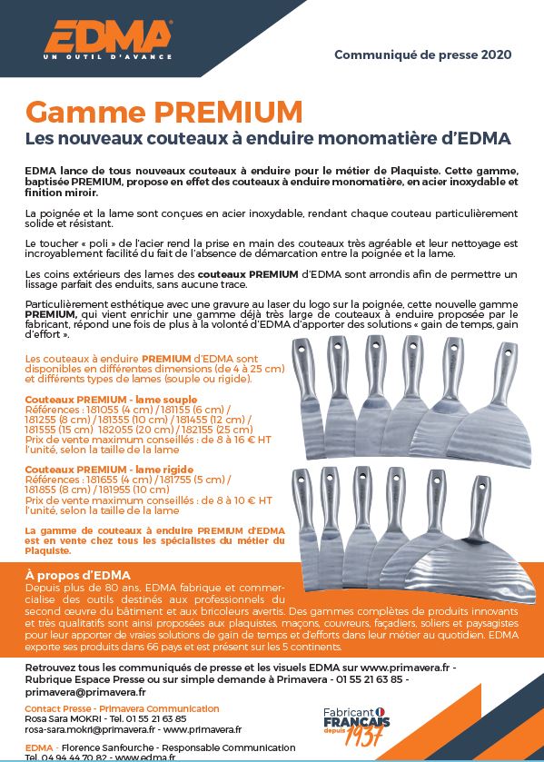 Gamme PREMIUM, les nouveaux couteaux monomatière d'EDMA
