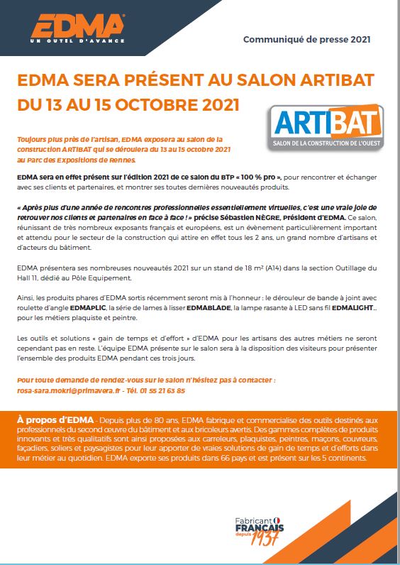 EDMA sera présent au salon ARTIBAT du 13 au 15 octobre 2021